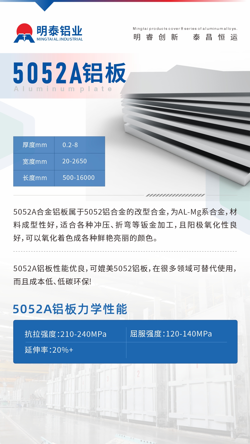 5052A合金鋁板屬于5052鋁合金的改型合金，為AL-Mg系合金，材料成型性好，適合各種沖壓、折彎等鈑金加工，且陽極氧化性良好，可以氧化著色成各種鮮艷亮麗的顏色。5052A鋁板性能優(yōu)良，可媲美5052鋁板，在很多領(lǐng)域可替代使用，而且成本低、低碳環(huán)保!5052A鋁板力學(xué)性能抗拉強度：210-240MPa屈服強度：120-140MPa延伸率：20%+