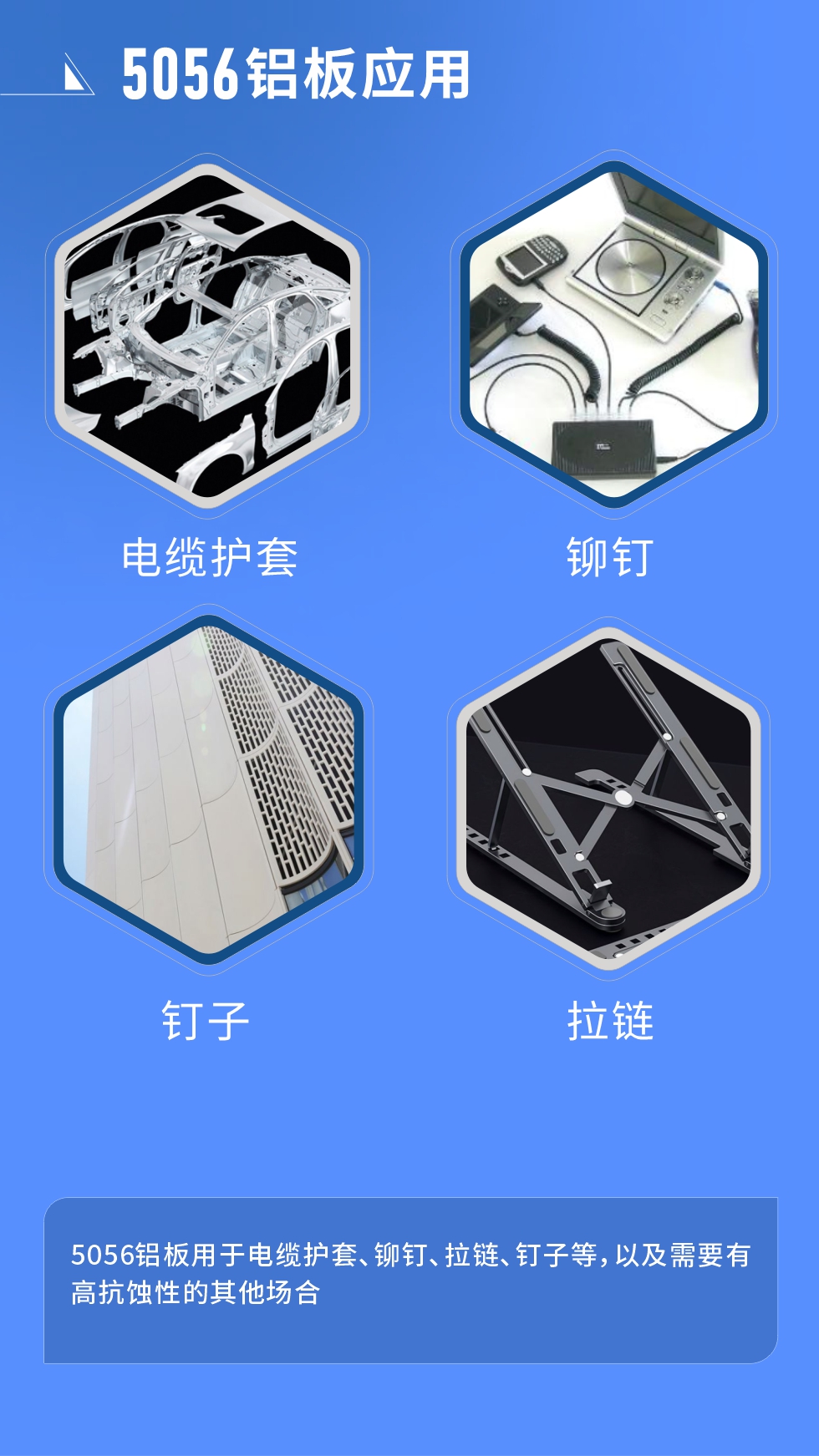 市場(chǎng)應(yīng)用
　　5056鋁板用于電纜護(hù)套、鉚釘、拉鏈、釘子等，以及需要有高抗蝕性的其他場(chǎng)合。
　　5056鋁板生產(chǎn)廠家
　　明泰鋁業(yè)支持定做，為用戶合理推薦更合理產(chǎn)品規(guī)格，并提供優(yōu)惠報(bào)價(jià)，讓您選購(gòu)無(wú)憂。
　　明泰鋁業(yè)是一家集科研、加工、制造為一體的大型現(xiàn)代化鋁加工企業(yè)。公司可生產(chǎn)1-8系鋁板帶箔產(chǎn)品，規(guī)格齊全。