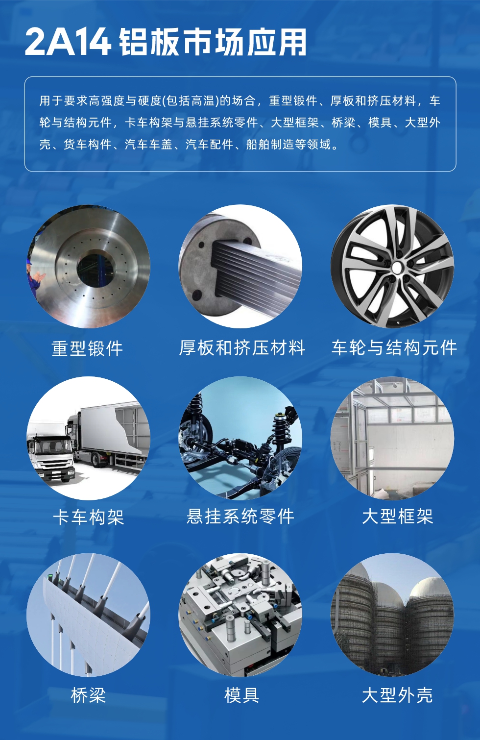 2A14鋁板市場應(yīng)用：

用于要求高強度與硬度(包括高溫)的場合，重型鍛件、厚板和擠壓材料，車輪與結(jié)構(gòu)元件，卡車構(gòu)架與懸掛系統(tǒng)零件、大型框架、橋梁、模具、大型外殼、貨車構(gòu)件、汽車車蓋、汽車配件、船舶制造等領(lǐng)域。

