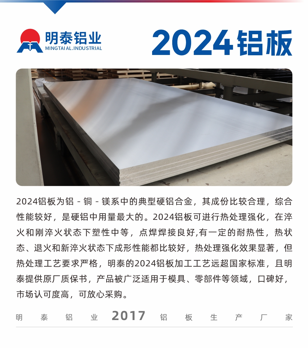 2024鋁板為鋁－銅－鎂系中的典型硬鋁合金，其成份比較合理，綜合性能較好，是硬鋁中用量最大的。2024鋁板可進(jìn)行熱處理強(qiáng)化，在淬火和剛淬火狀態(tài)下塑性中等，點(diǎn)焊焊接良好,有一定的耐熱性，熱狀態(tài)、退火和新淬火狀態(tài)下成形性能都比較好，熱處理強(qiáng)化效果顯著，但熱處理工藝要求嚴(yán)格，明泰的2024鋁板加工工藝遠(yuǎn)超國(guó)家標(biāo)準(zhǔn)，且明泰提供原廠質(zhì)保書，產(chǎn)品被廣泛適用于模具、零部件等領(lǐng)域，口碑好，市場(chǎng)認(rèn)可度高，可放心采購(gòu)。
