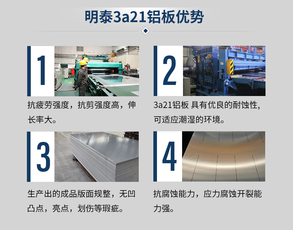 明泰3a21鋁板優(yōu)勢
　　1、抗疲勞強度，抗剪強度高，伸長率大。
　　2、3a21鋁板 具有優(yōu)良的耐蝕性,可適應(yīng)潮濕的環(huán)境。
　　3、 生產(chǎn)出的成品版面規(guī)整，無凹凸點，亮點，劃傷等瑕疵。
　　4、抗腐蝕能力，應(yīng)力腐蝕開裂能力強。